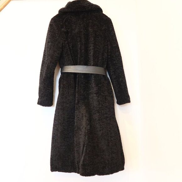 FRYE sherpa teddy long coat black faux fur belted lapel winter pockets small - Picture 3 of 9